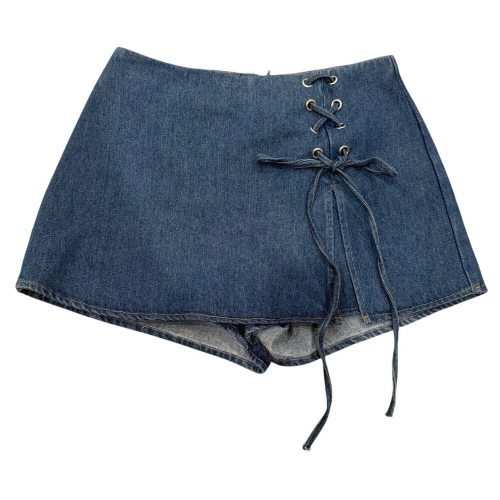 Altar'D State Blue Denim Skort Skirt Side Slit Mini A-Line Festival Edgy Women M